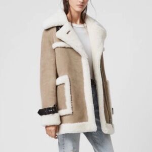 AllSaints 100% Shearling leather jacket real sheepskin genuine leather/suede